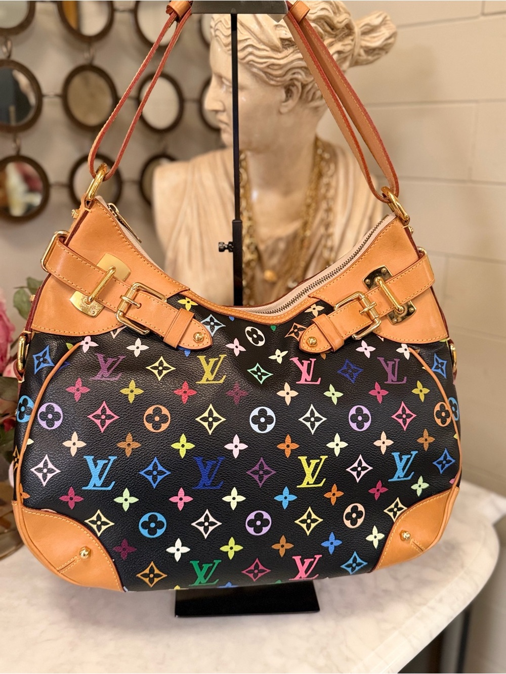 Louis Vuitton Takashi Murikami Black Multicolor Monogram Hobo with Tan Trim